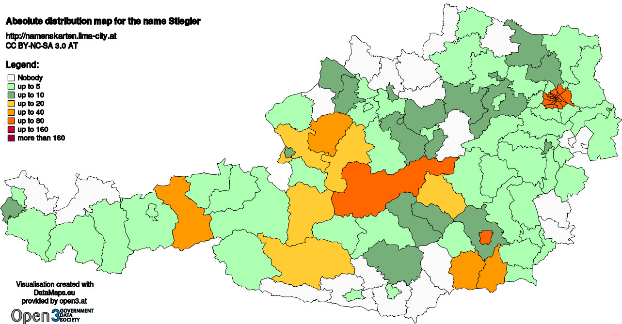 Absolute Distribution maps for surname Stiegler