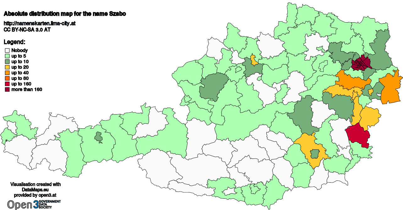 Absolute Distribution maps for surname Szabo