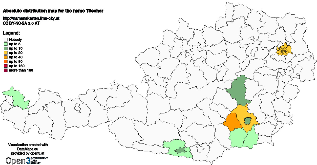 Absolute Distribution maps for surname Töscher