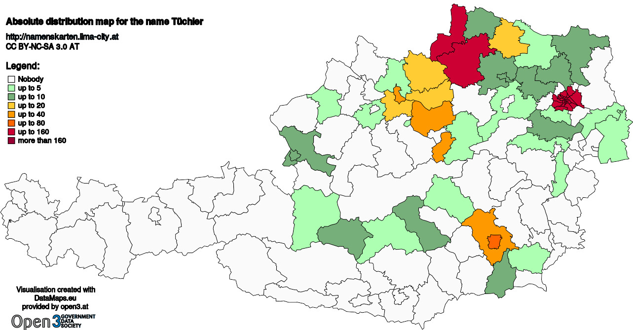 Absolute Distribution maps for surname Tüchler