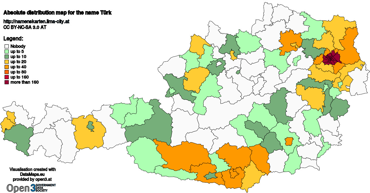 Absolute Distribution maps for surname Türk