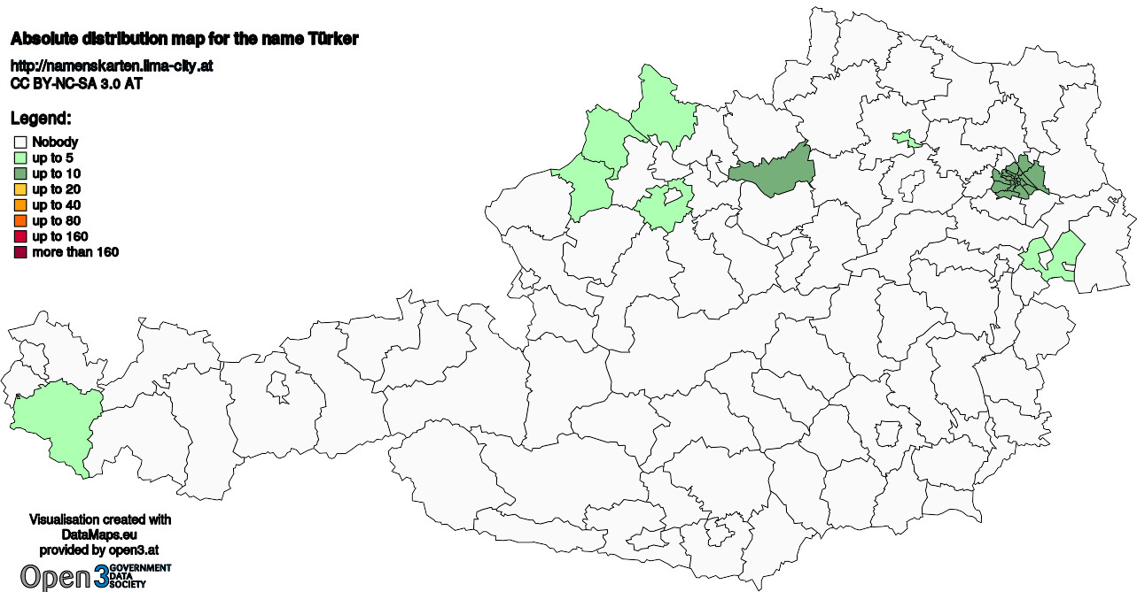 Absolute Distribution maps for surname Türker