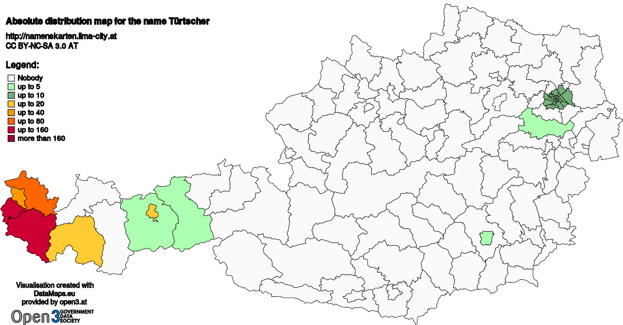 Absolute Distribution maps for surname Türtscher