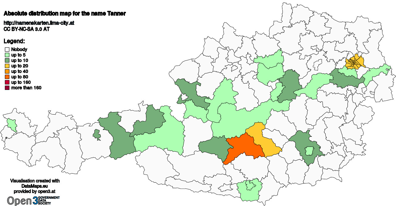 Absolute Distribution maps for surname Tanner