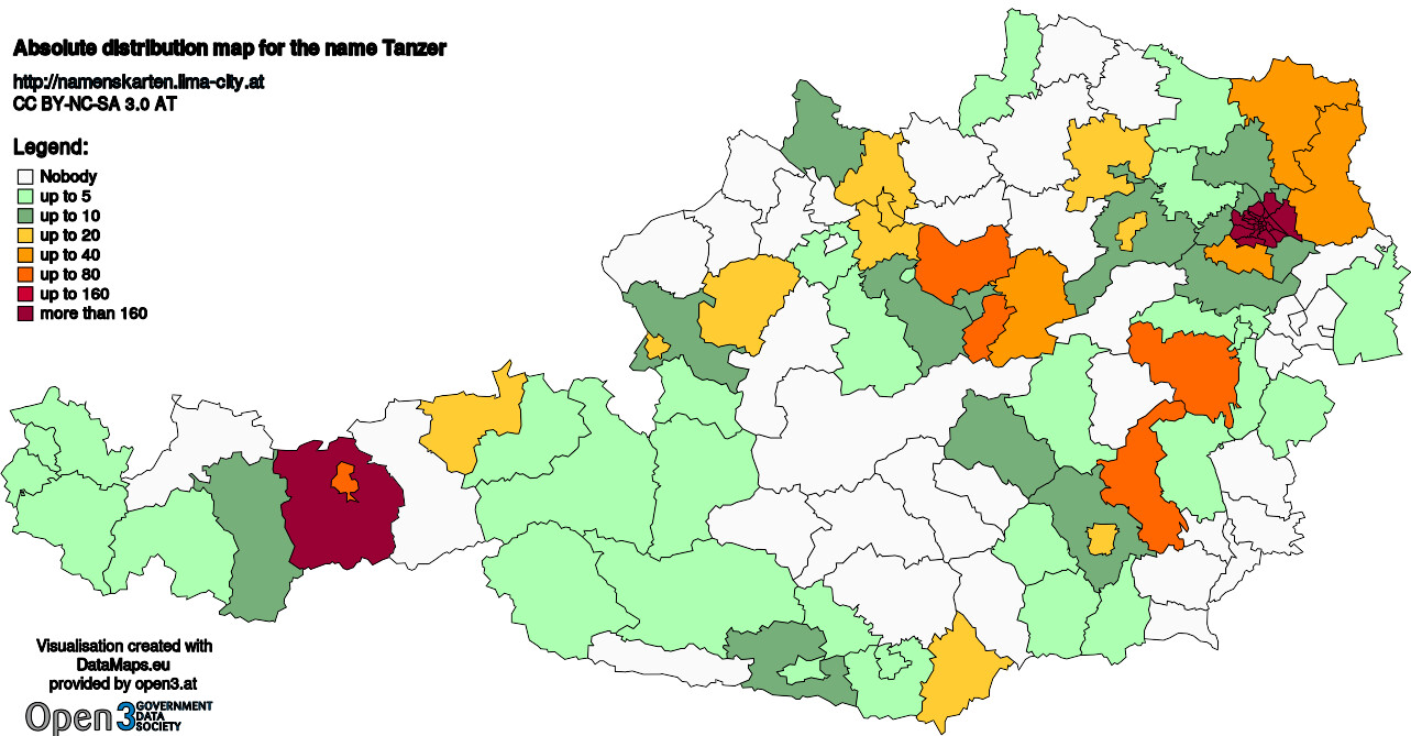 Absolute Distribution maps for surname Tanzer