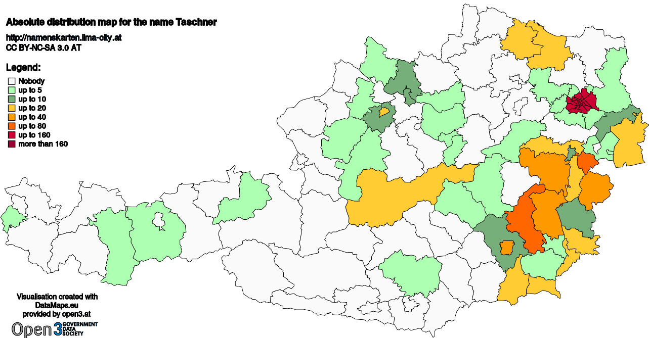 Absolute Distribution maps for surname Taschner