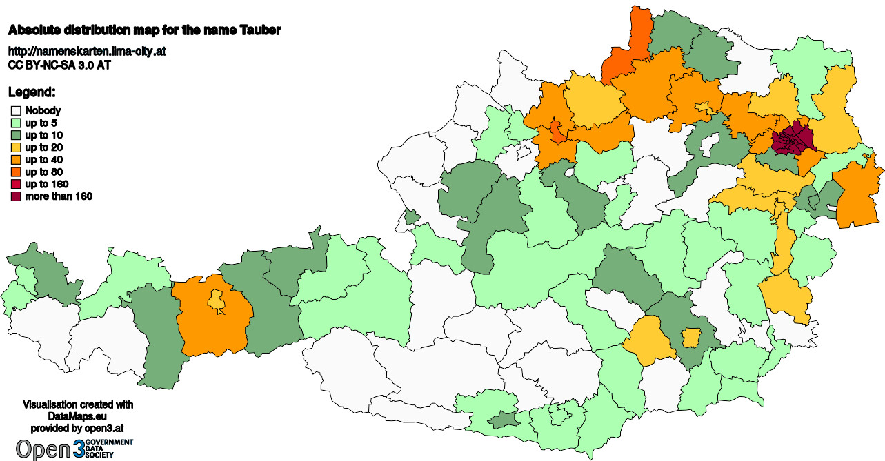 Absolute Distribution maps for surname Tauber