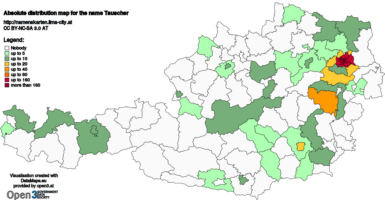 Absolute Distribution maps for surname Tauscher