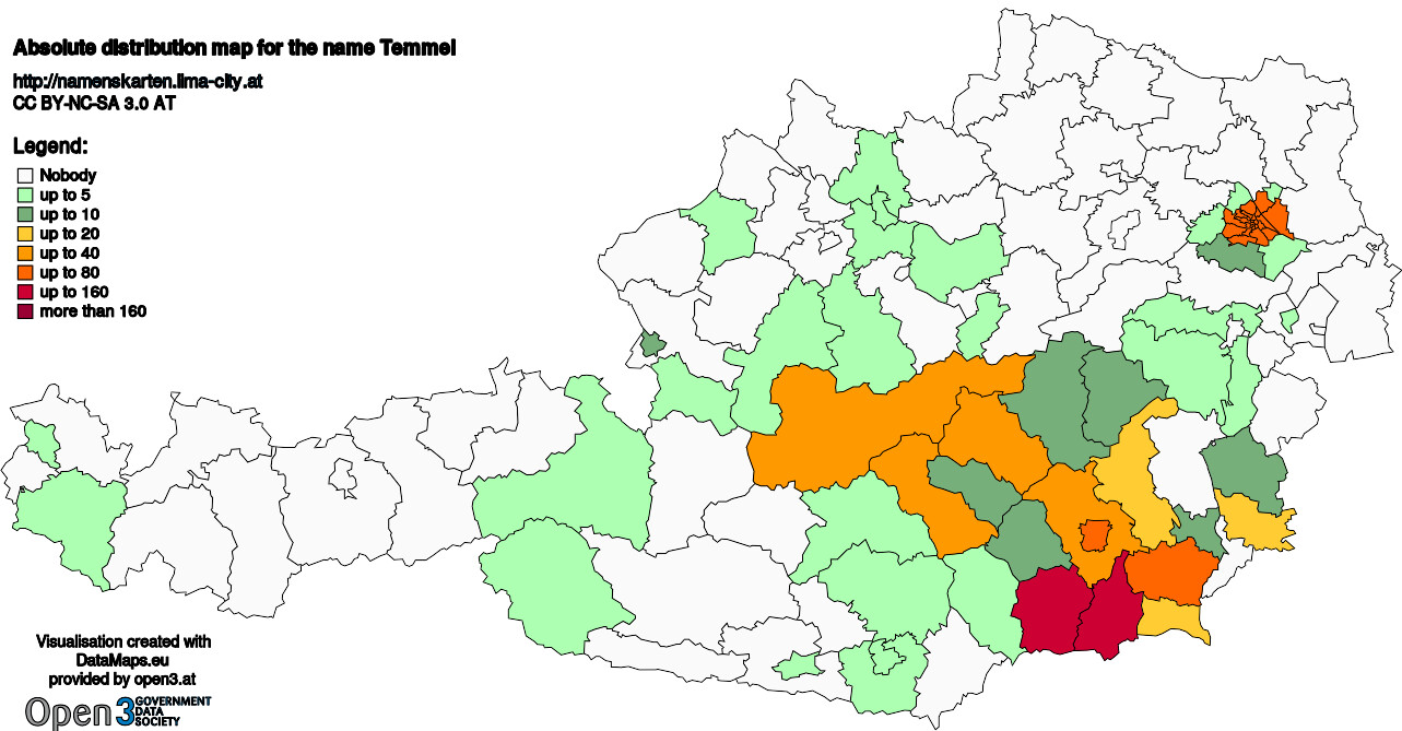 Absolute Distribution maps for surname Temmel