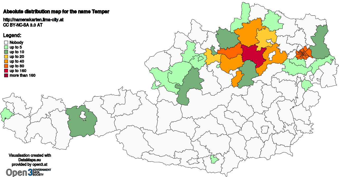 Absolute Distribution maps for surname Temper