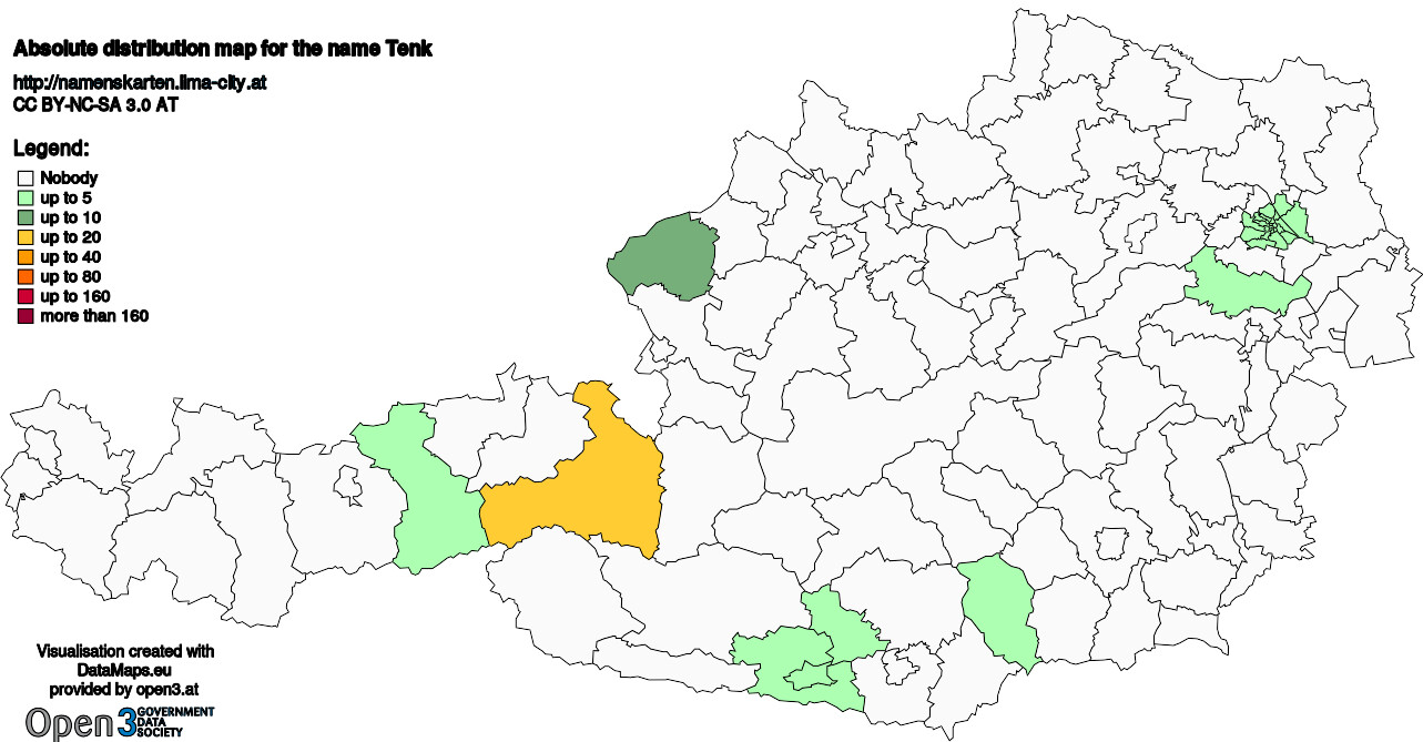 Absolute Distribution maps for surname Tenk