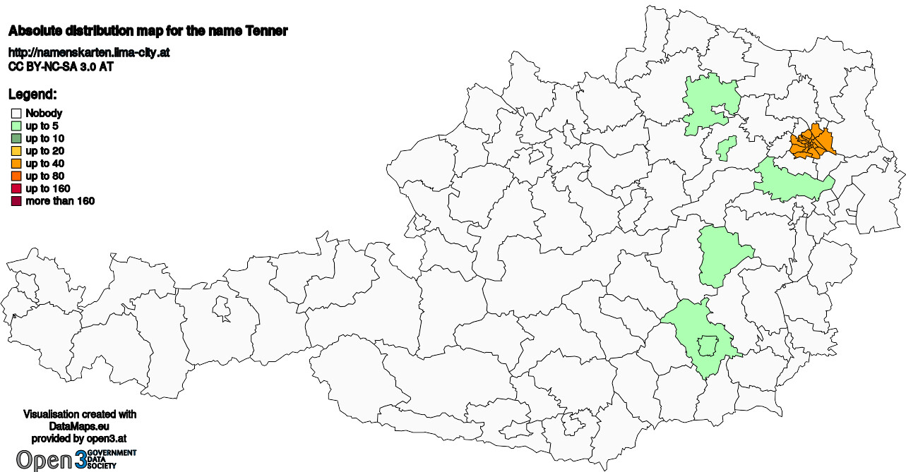 Absolute Distribution maps for surname Tenner