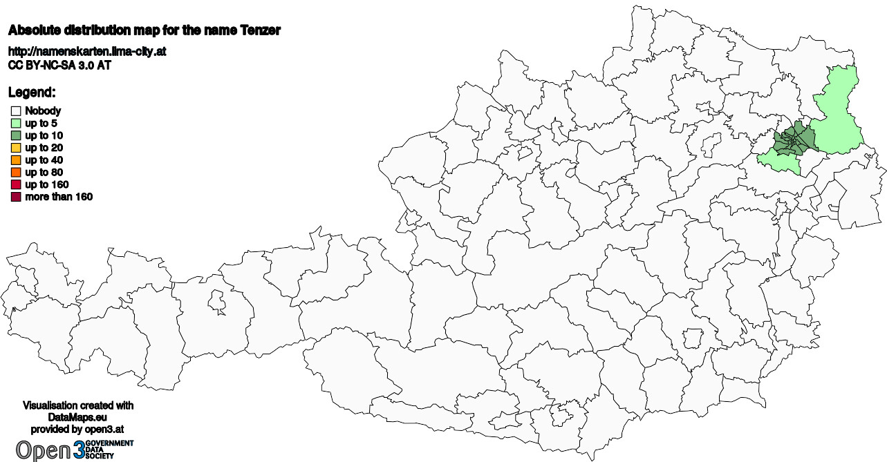 Absolute Distribution maps for surname Tenzer