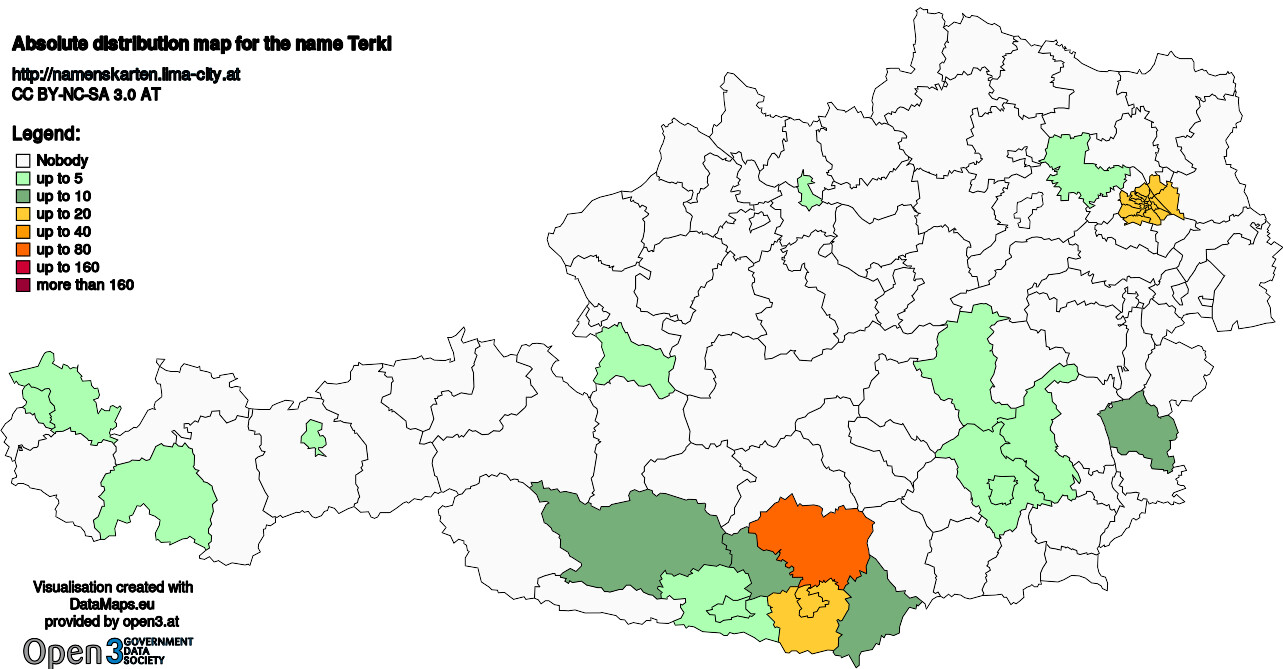 Absolute Distribution maps for surname Terkl