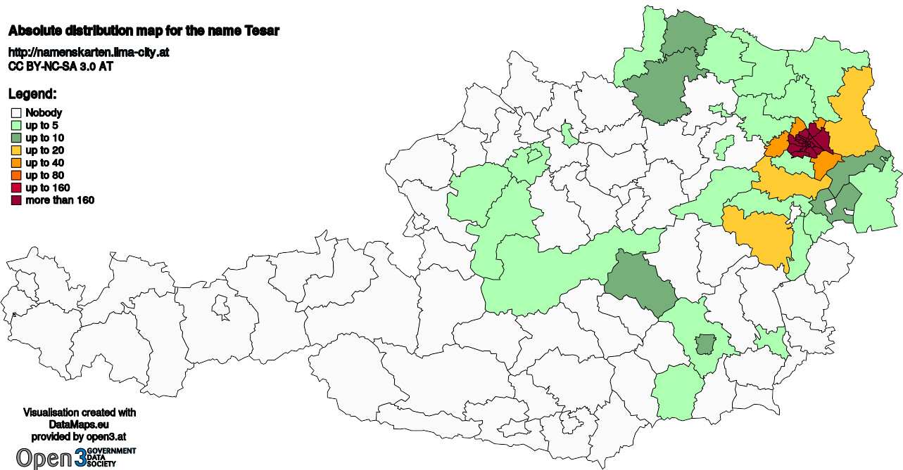 Absolute Distribution maps for surname Tesar