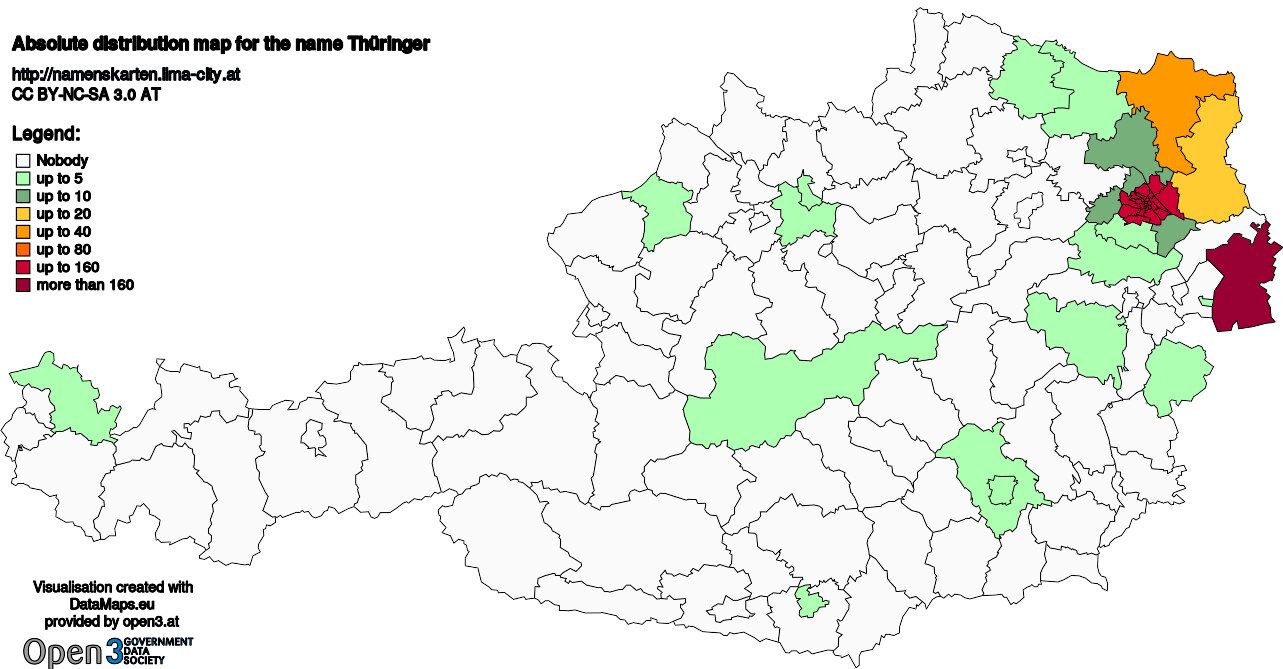 Absolute Distribution maps for surname Thüringer