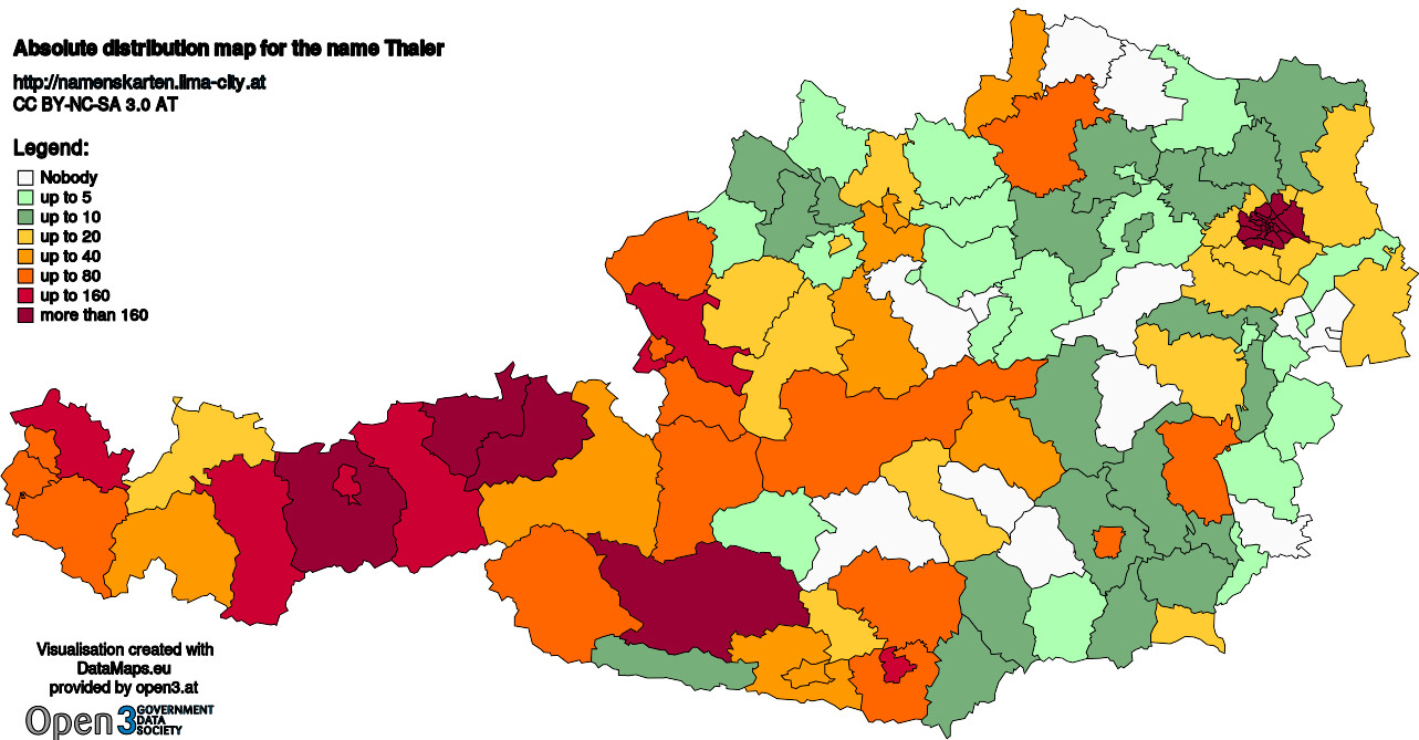 Absolute Distribution maps for surname Thaler