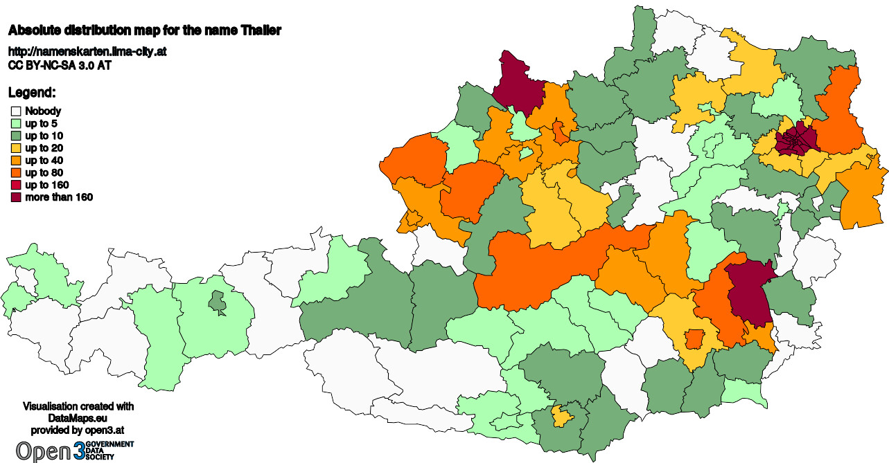 Absolute Distribution maps for surname Thaller