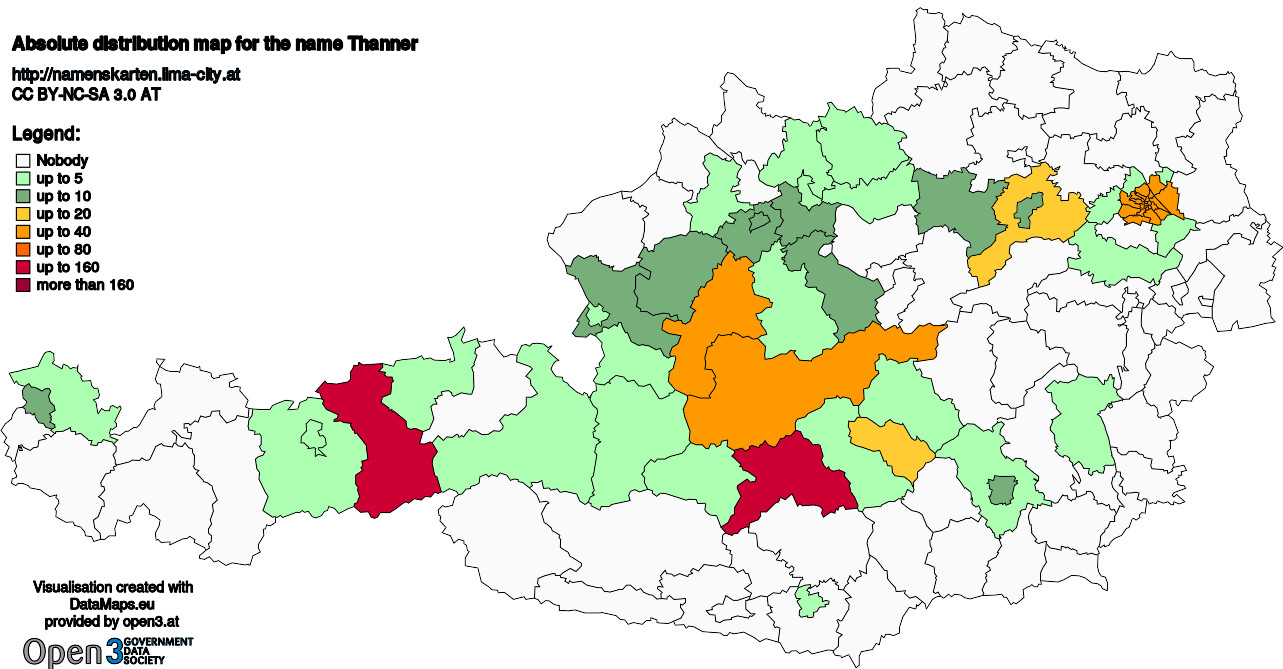 Absolute Distribution maps for surname Thanner