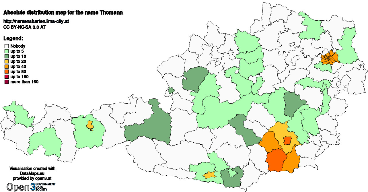 Absolute Distribution maps for surname Thomann