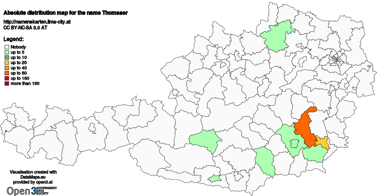 Absolute Distribution maps for surname Thomaser