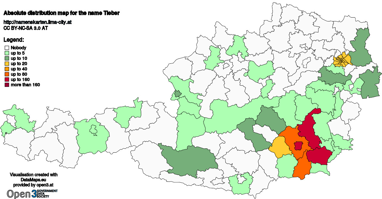 Absolute Distribution maps for surname Tieber