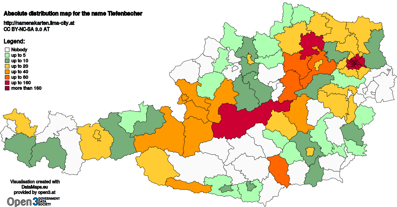 Absolute Distribution maps for surname Tiefenbacher