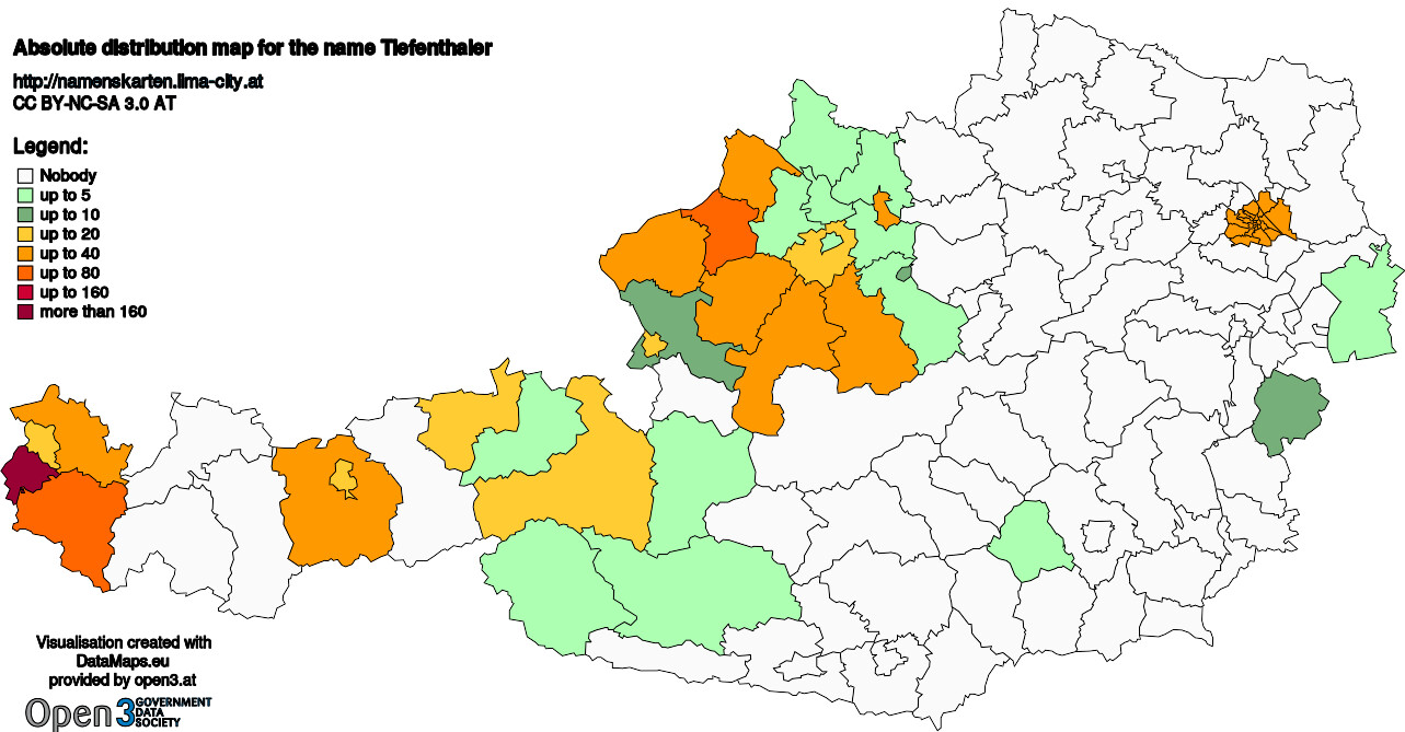 Absolute Distribution maps for surname Tiefenthaler