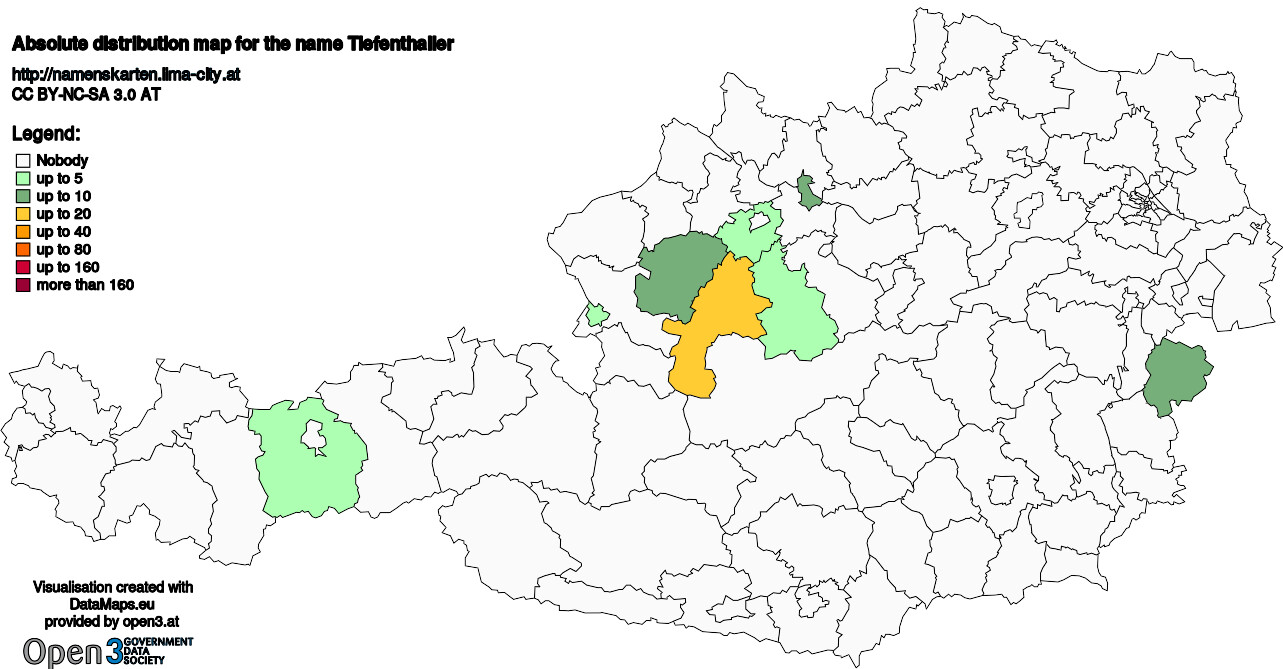 Absolute Distribution maps for surname Tiefenthaller