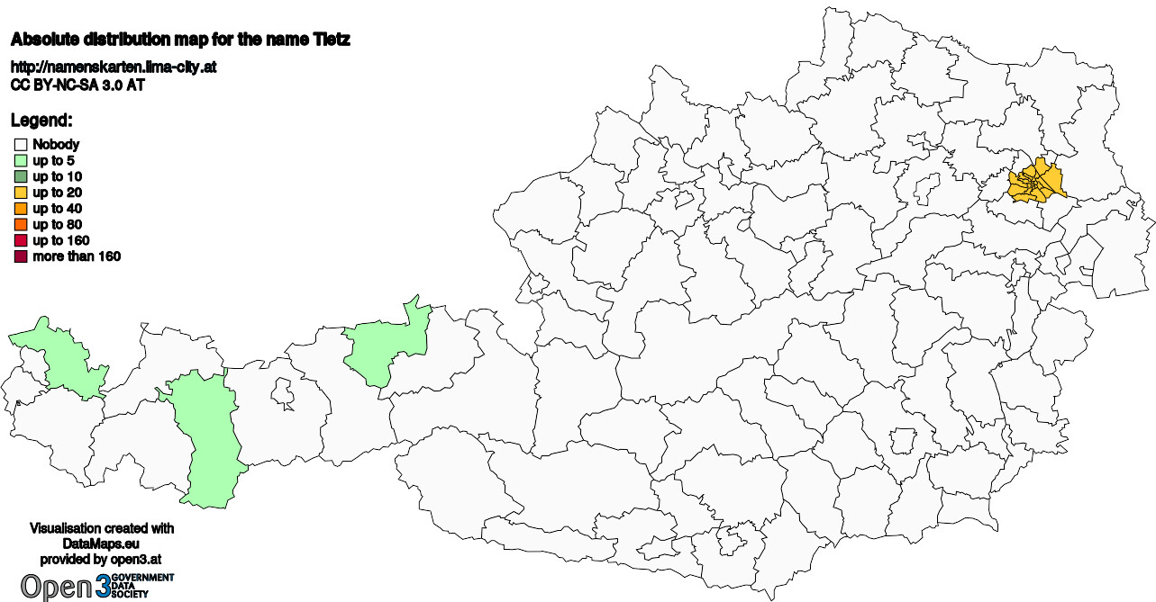 Absolute Distribution maps for surname Tietz