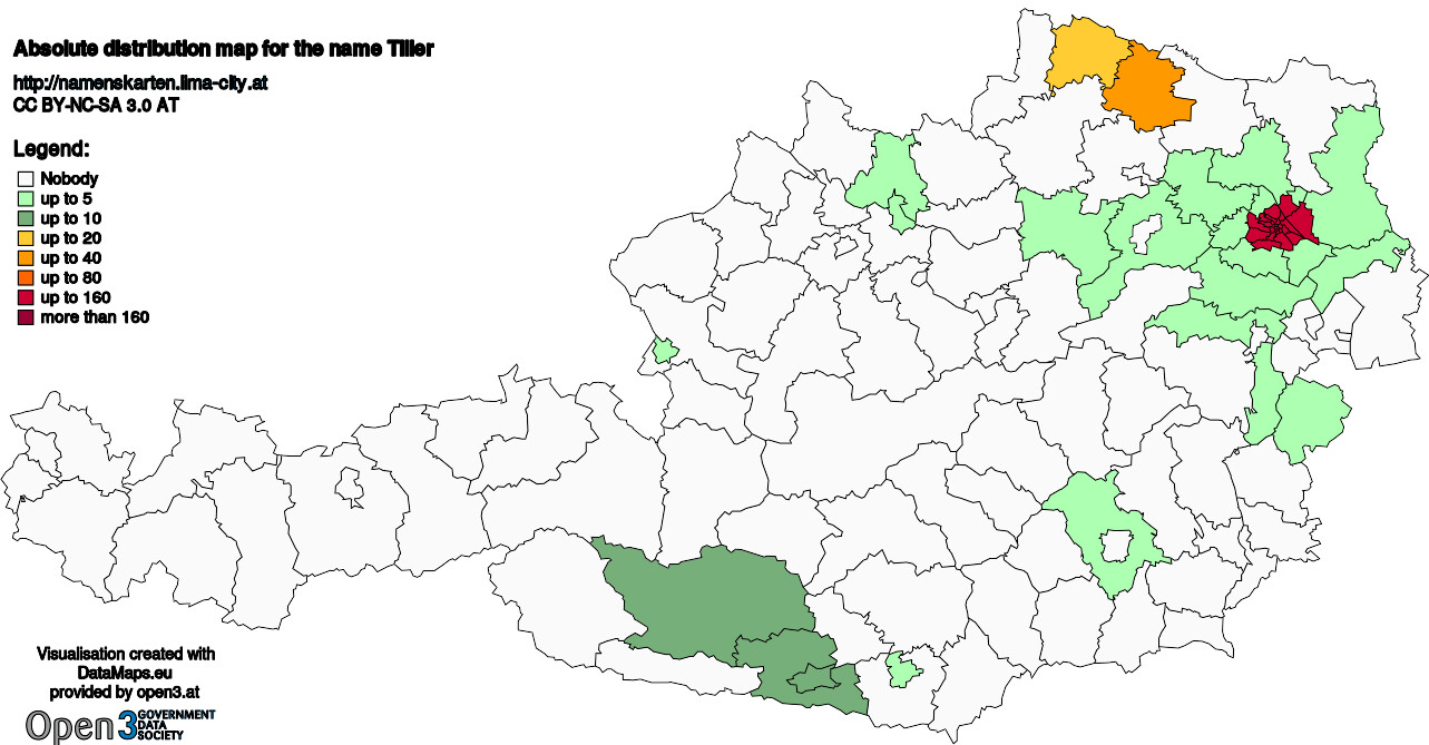 Absolute Distribution maps for surname Tiller