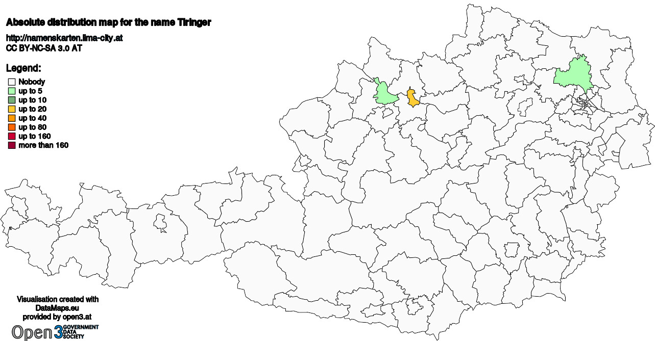 Absolute Distribution maps for surname Tiringer