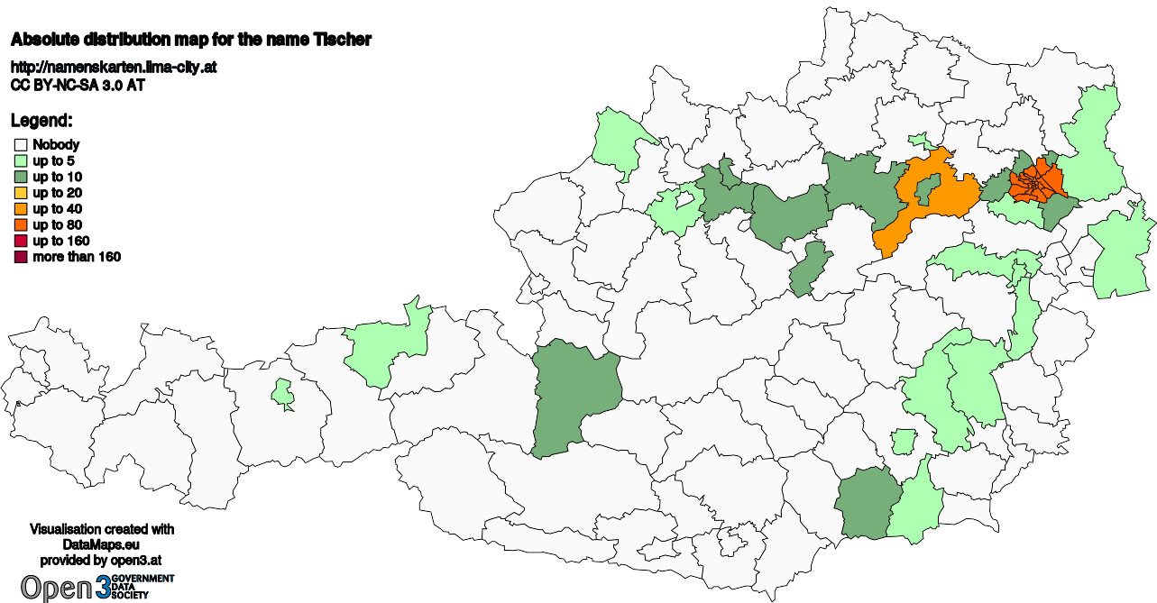 Absolute Distribution maps for surname Tischer