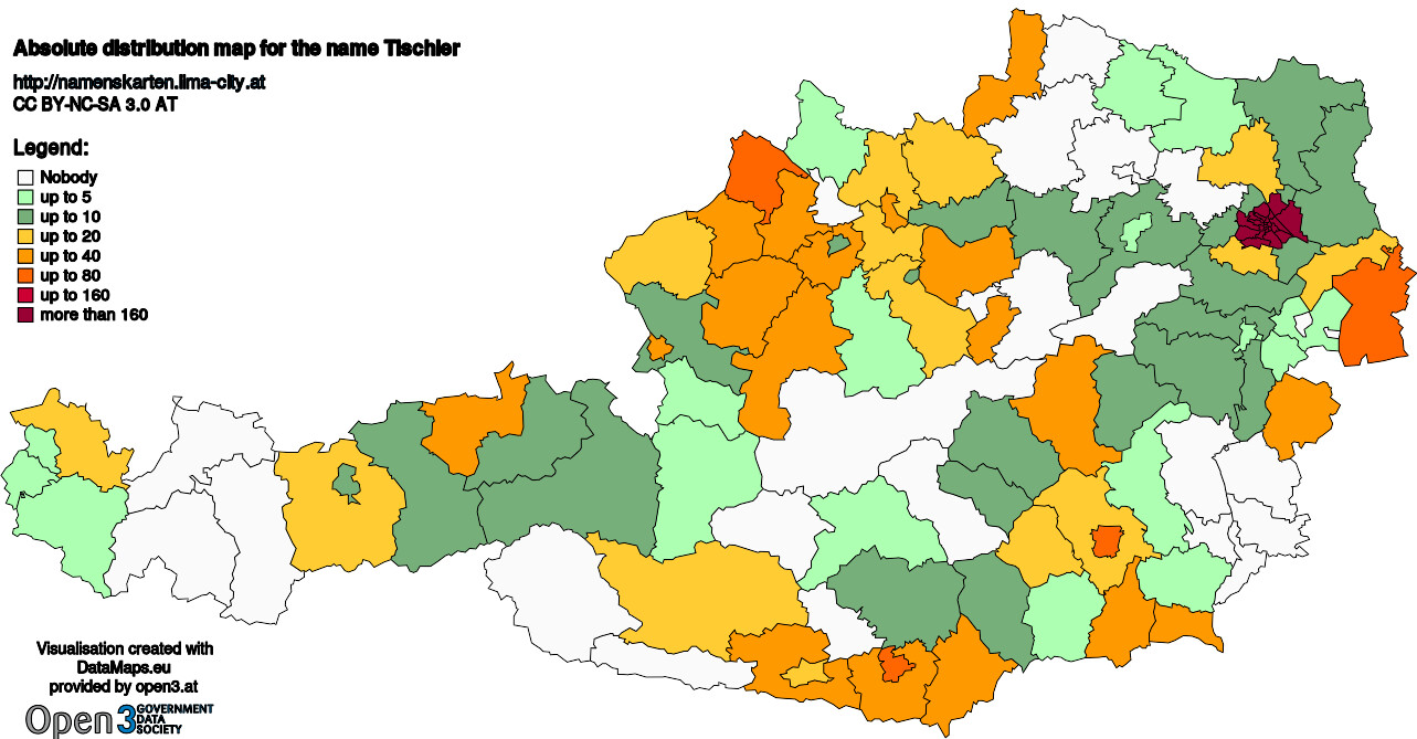 Absolute Distribution maps for surname Tischler
