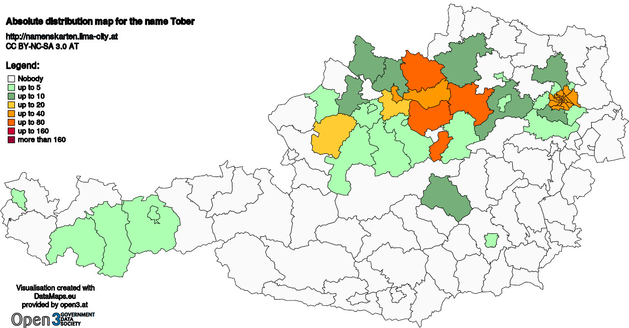 Absolute Distribution maps for surname Tober