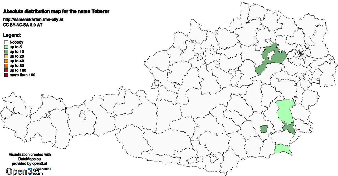 Absolute Distribution maps for surname Toberer