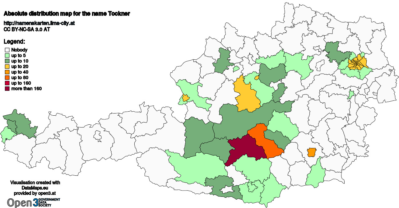 Absolute Distribution maps for surname Tockner