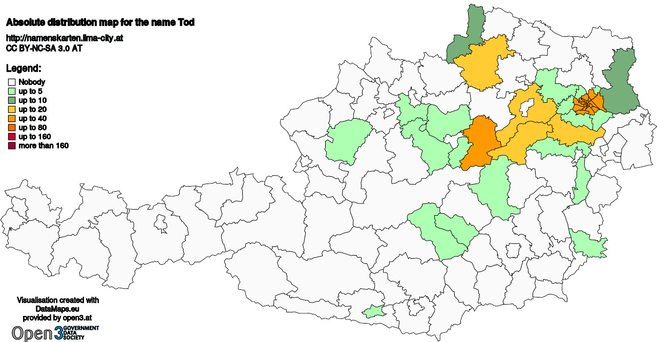 Absolute Distribution maps for surname Tod