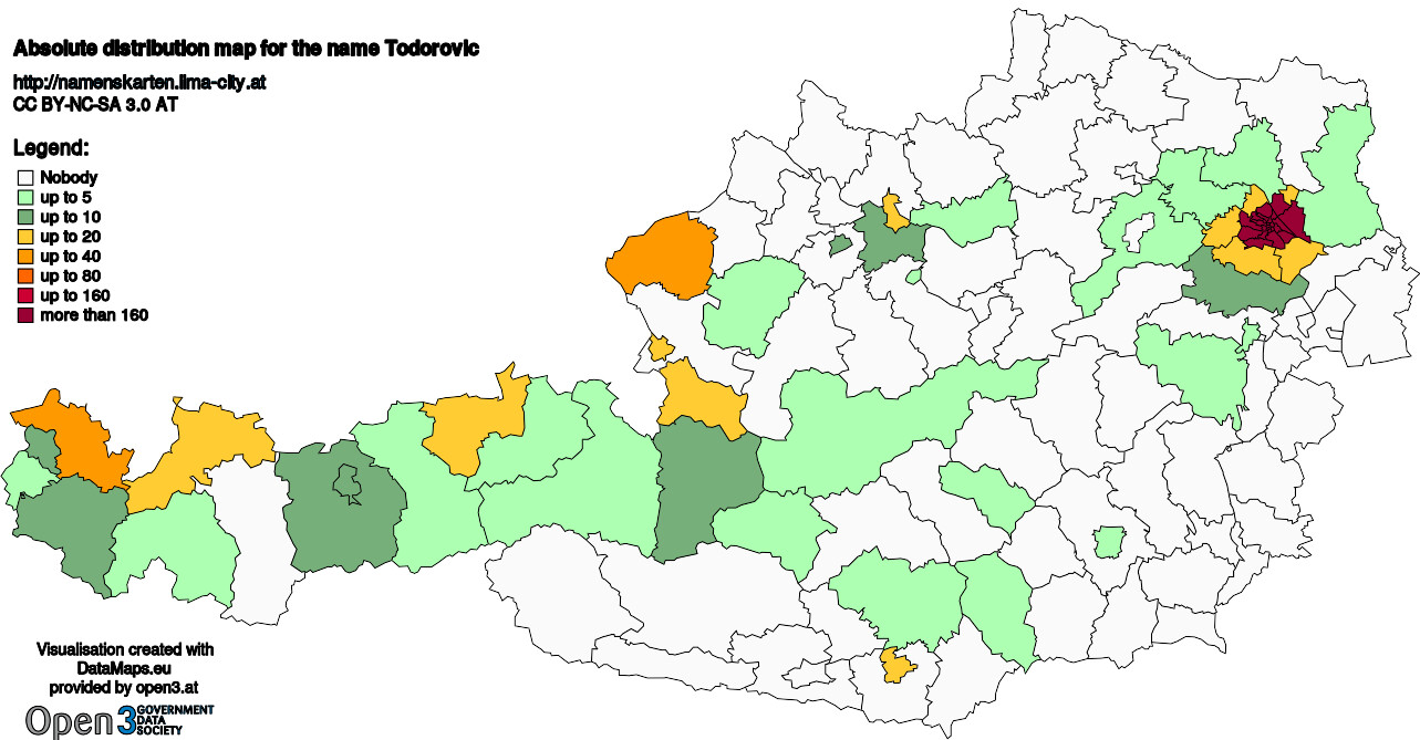 Absolute Distribution maps for surname Todorovic