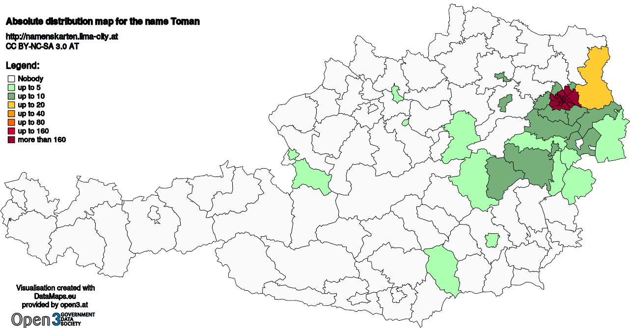 Absolute Distribution maps for surname Toman