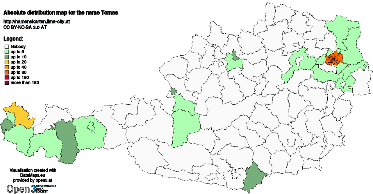 Absolute Distribution maps for surname Tomas