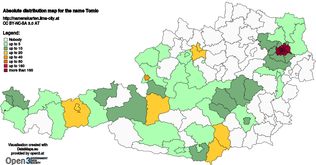 Absolute Distribution maps for surname Tomic