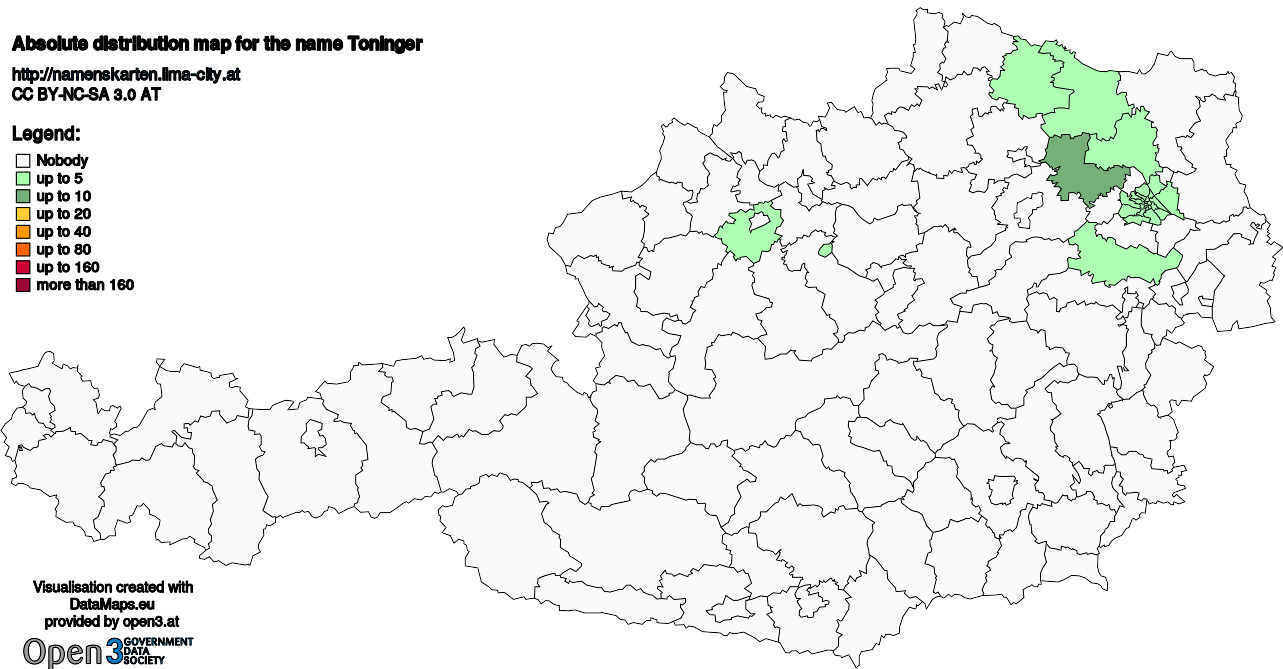 Absolute Distribution maps for surname Toninger