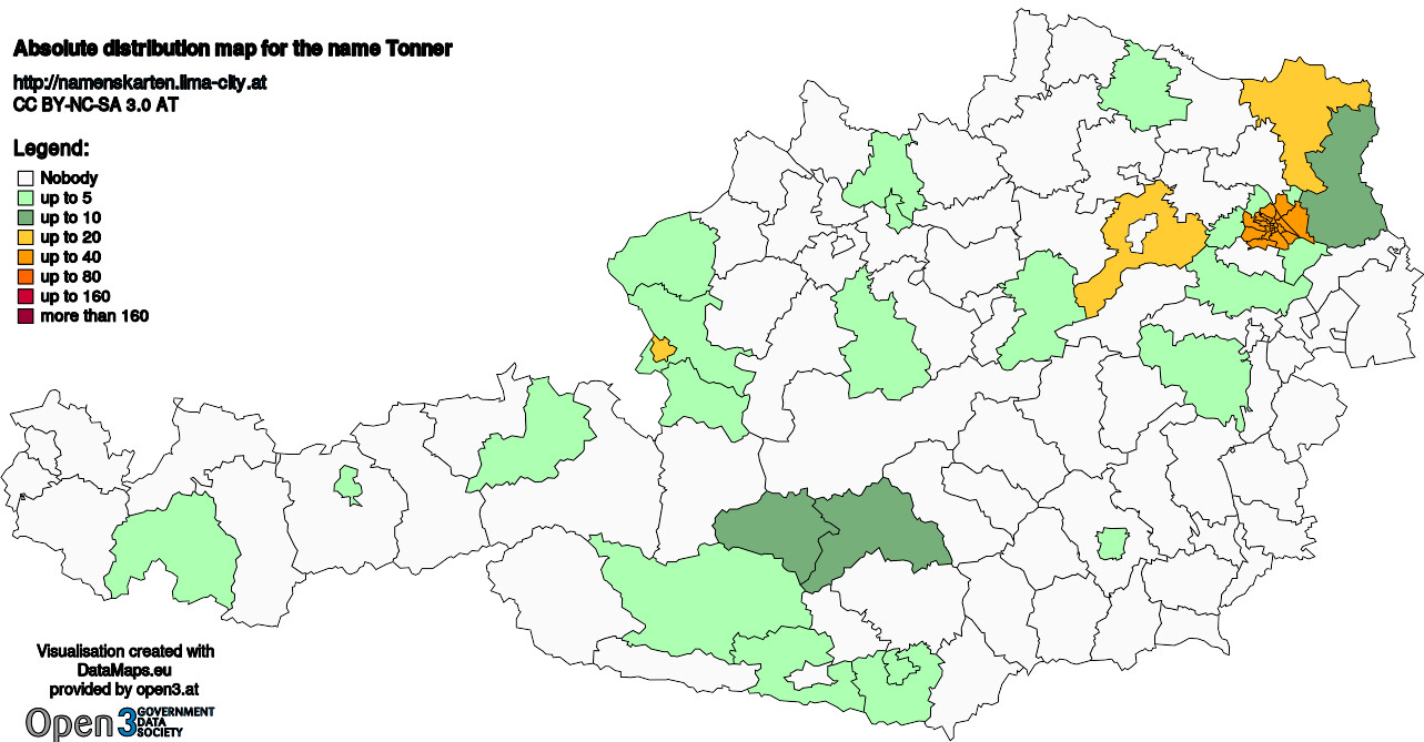 Absolute Distribution maps for surname Tonner