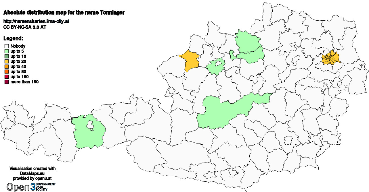 Absolute Distribution maps for surname Tonninger