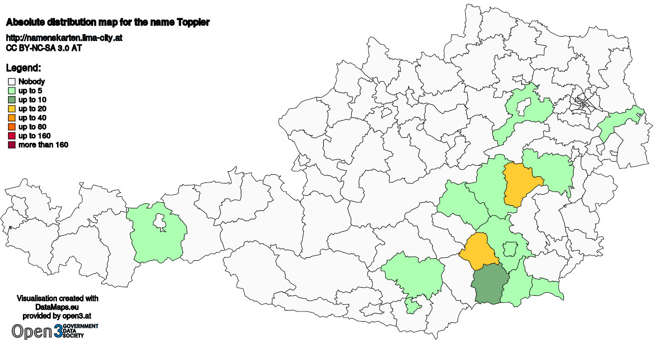 Absolute Distribution maps for surname Toppler