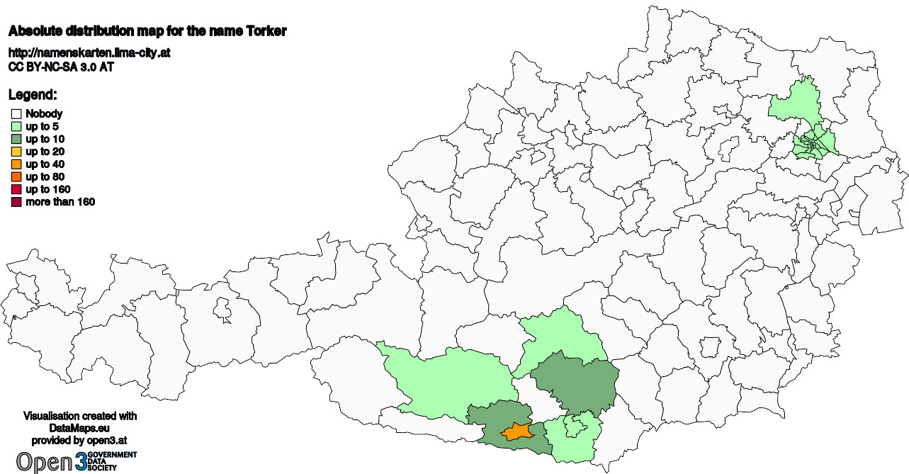 Absolute Distribution maps for surname Torker