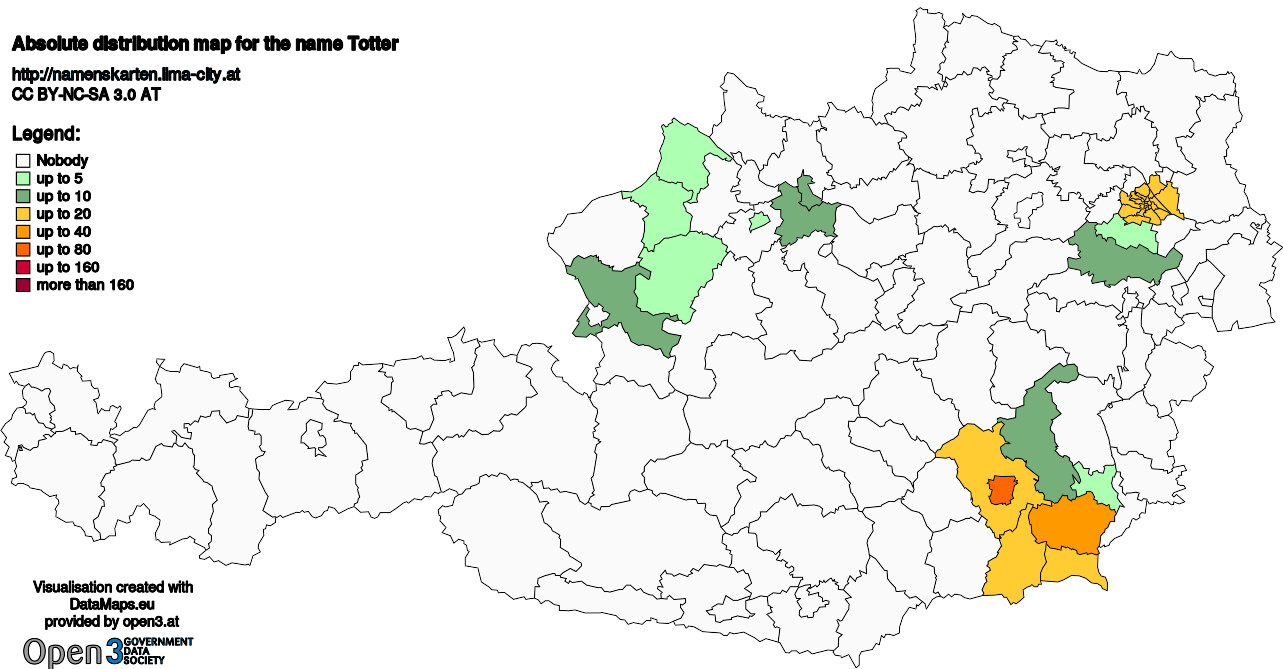 Absolute Distribution maps for surname Totter