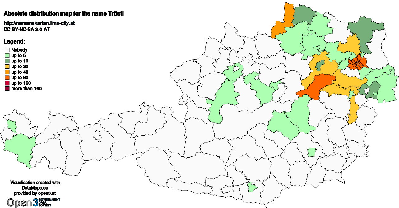 Absolute Distribution maps for surname Tröstl