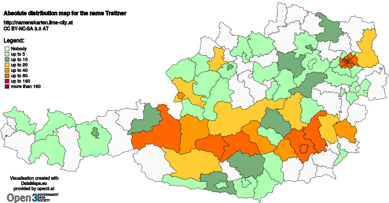 Absolute Distribution maps for surname Trattner